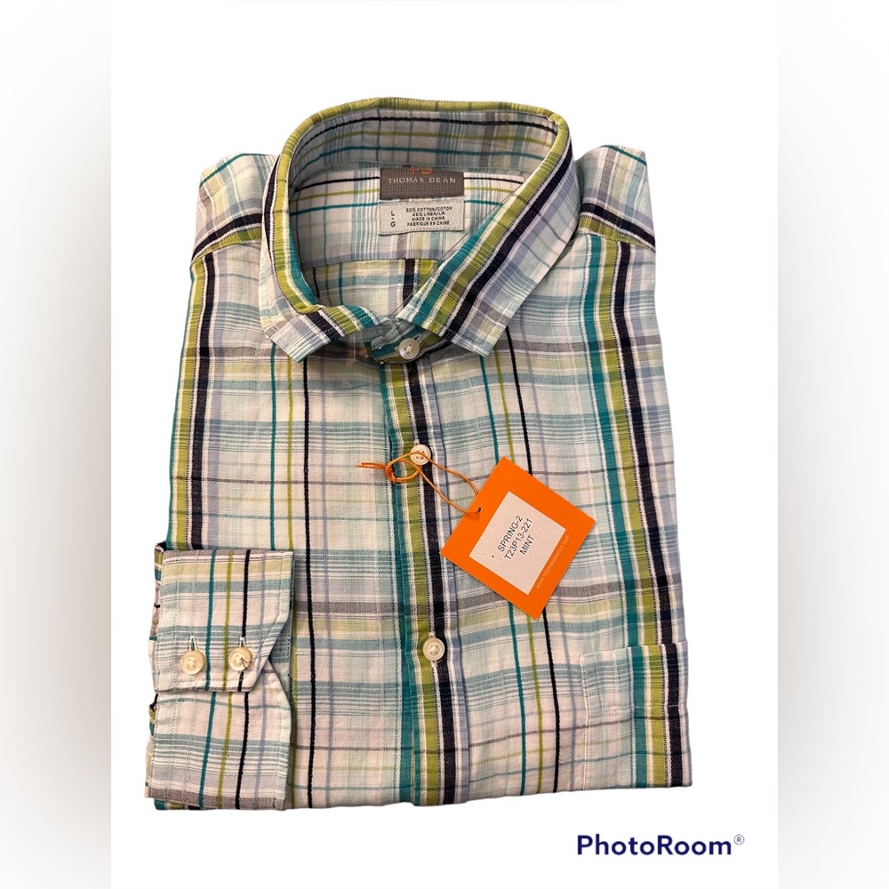 Thomas Dean Men’s Long Sleeve Button Down Shirt in Mint Plaid| Size: Large